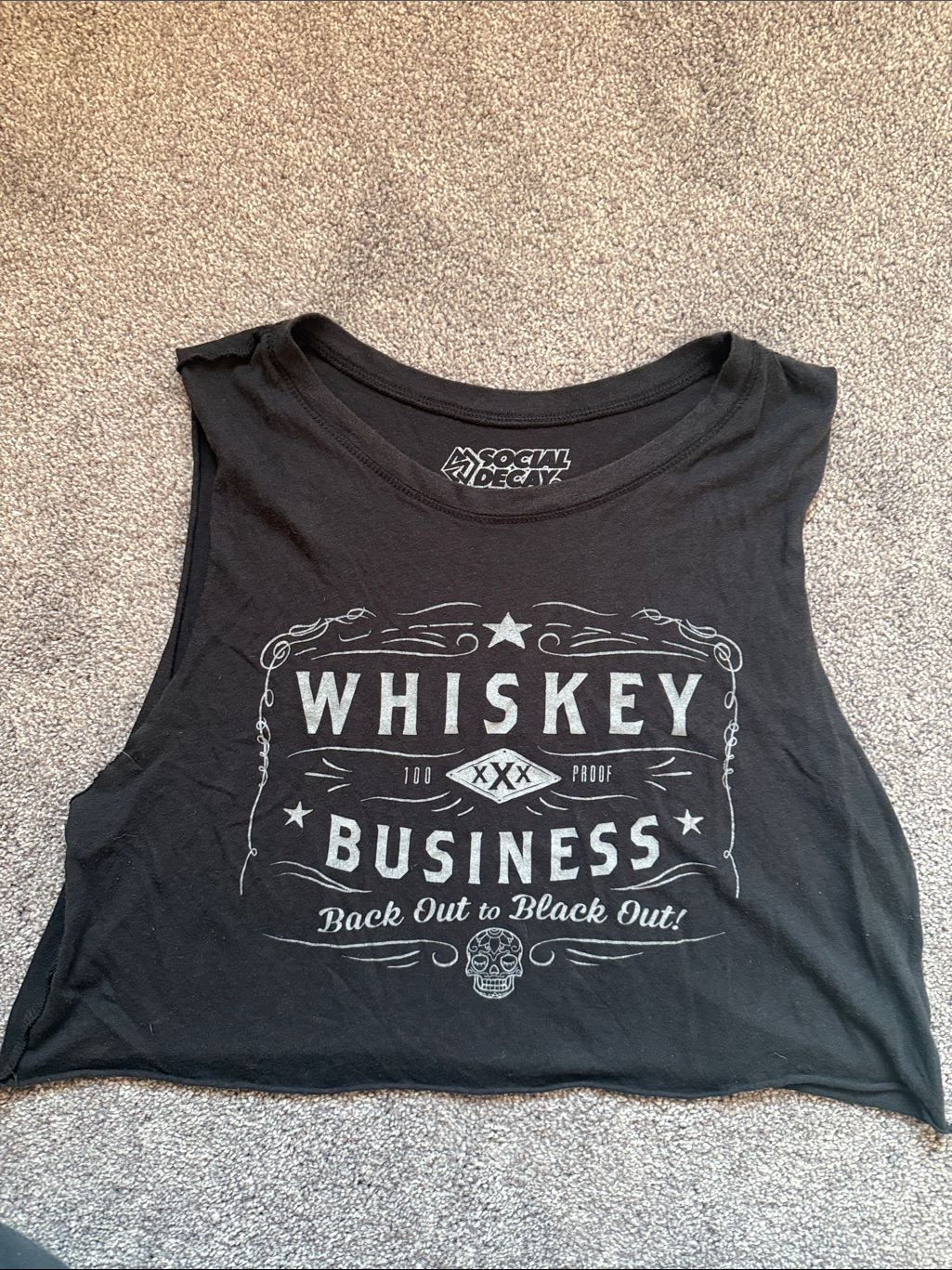 Social Decay Women’s Black Whiskey Business Graphic Crop Tank